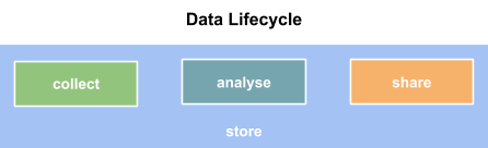Data Lifecycle diagram with three phases, collect, analyse, and share inside a larger phase marked store